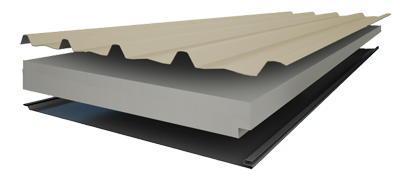 Exploded view illustration of monospan style insulated roofing panel